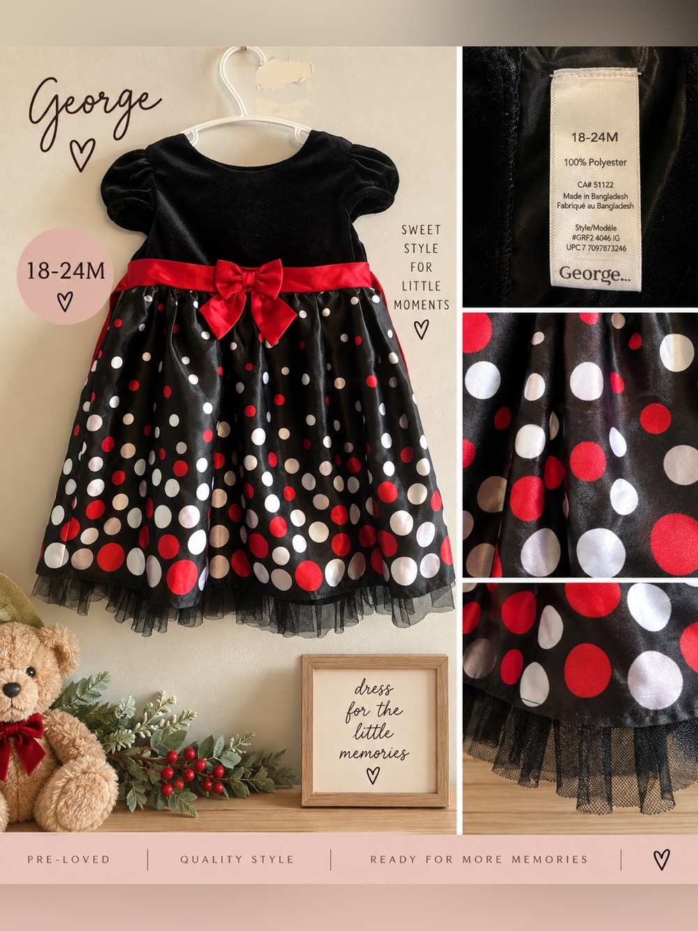 George Toddler Girls Black Red Polka Dot Holiday Party Dress 18–24M